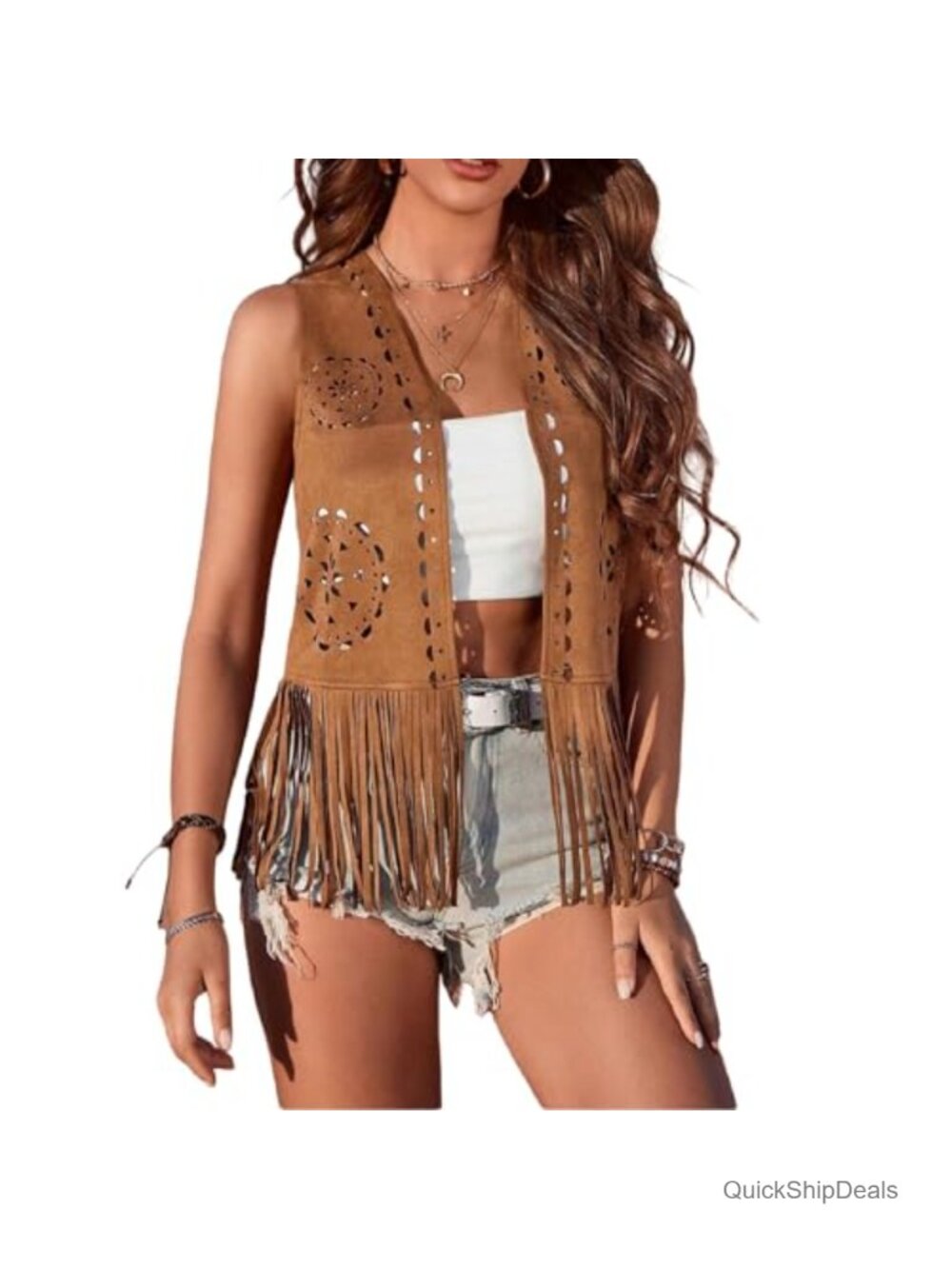 Faux Suede Fringe Vest Open Front Sleeveless Tassel Western Cowgirl Jacket